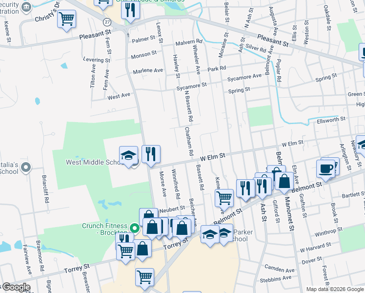 map of restaurants, bars, coffee shops, grocery stores, and more near 36 Elm View Terrace in Brockton