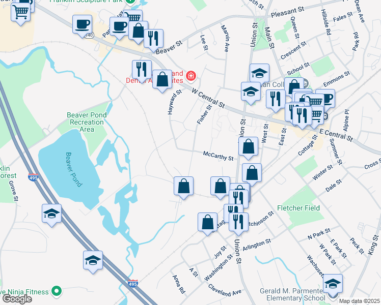 map of restaurants, bars, coffee shops, grocery stores, and more near 107 Fisher Street in Franklin