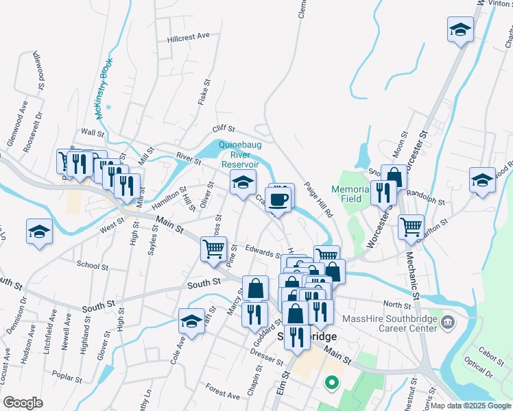 map of restaurants, bars, coffee shops, grocery stores, and more near Hamilton Street in Southbridge