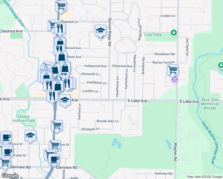 map of restaurants, bars, coffee shops, grocery stores, and more near 1437 Sunset Ridge Road in Glenview