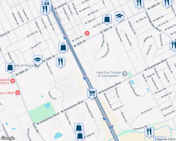 map of restaurants, bars, coffee shops, grocery stores, and more near 4200 Schaper Avenue in Erie