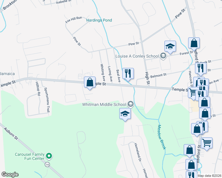 map of restaurants, bars, coffee shops, grocery stores, and more near 626 Temple Street in Whitman
