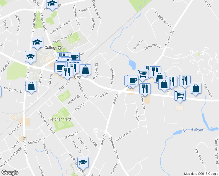 map of restaurants, bars, coffee shops, grocery stores, and more near 143 Massachusetts 140 in Franklin