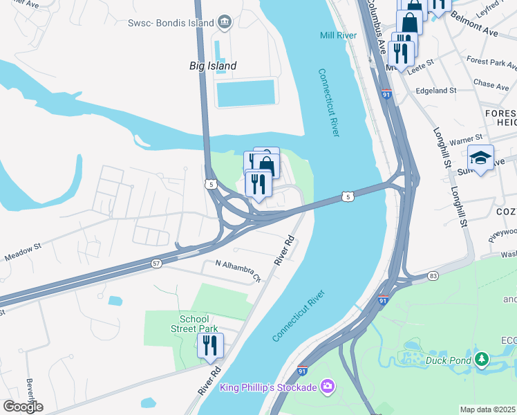 map of restaurants, bars, coffee shops, grocery stores, and more near 1 South Bridge Drive in Agawam