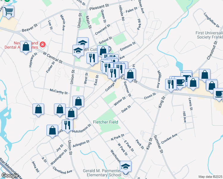 map of restaurants, bars, coffee shops, grocery stores, and more near 40 Cottage Street in Franklin