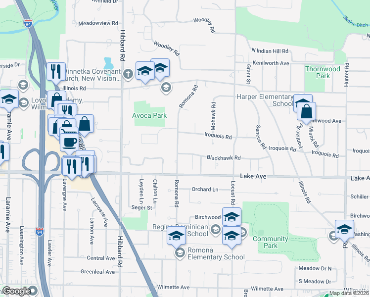 map of restaurants, bars, coffee shops, grocery stores, and more near 2822 Blackhawk Road in Wilmette