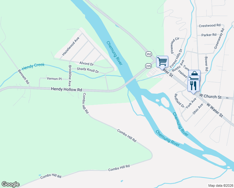 map of restaurants, bars, coffee shops, grocery stores, and more near 77 Hendy Creek Road in Elmira