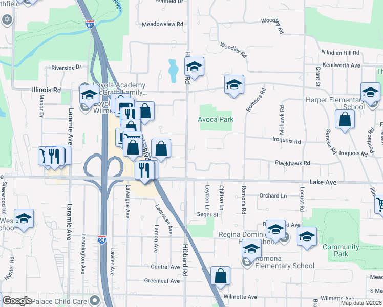 map of restaurants, bars, coffee shops, grocery stores, and more near 3037 Country Lane in Wilmette
