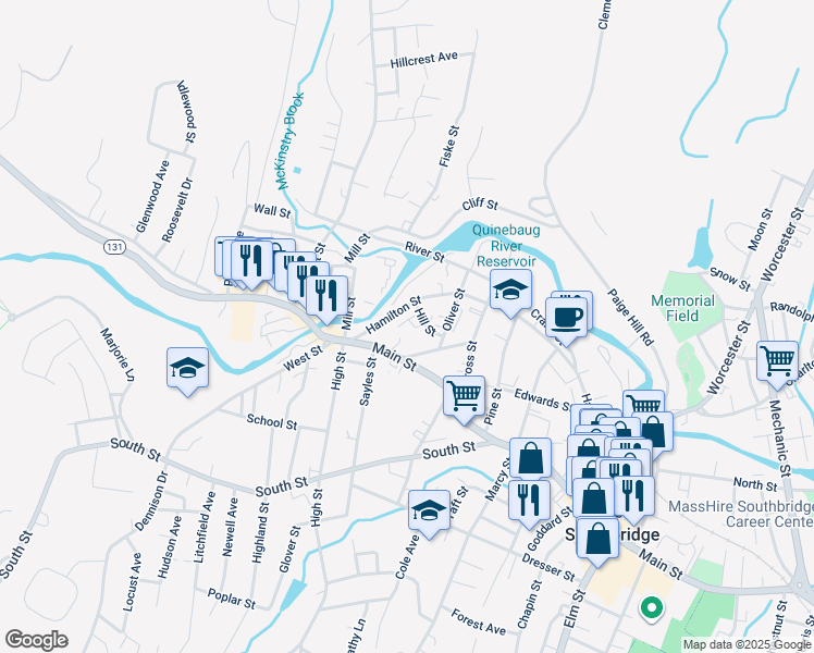 map of restaurants, bars, coffee shops, grocery stores, and more near 8 Hill Crescent in Southbridge