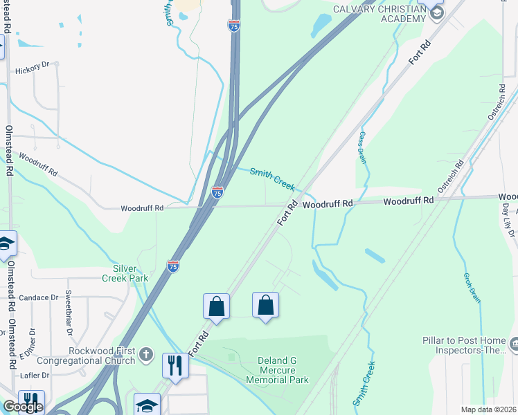 map of restaurants, bars, coffee shops, grocery stores, and more near 21301 Woodruff Road in Rockwood