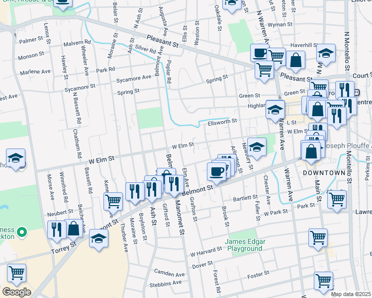 map of restaurants, bars, coffee shops, grocery stores, and more near 284 West Elm Street in Brockton