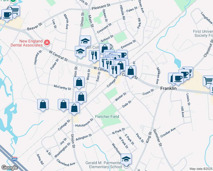 map of restaurants, bars, coffee shops, grocery stores, and more near 53 Cottage Street in Franklin