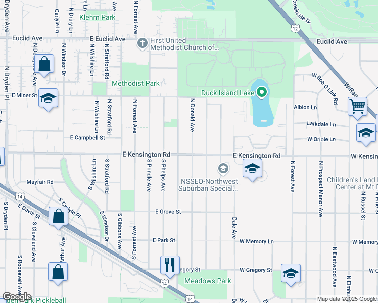 map of restaurants, bars, coffee shops, grocery stores, and more near 26 South Donald Avenue in Arlington Heights