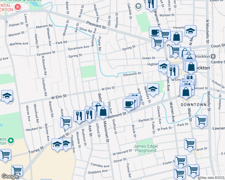 map of restaurants, bars, coffee shops, grocery stores, and more near 276 West Elm Street in Brockton