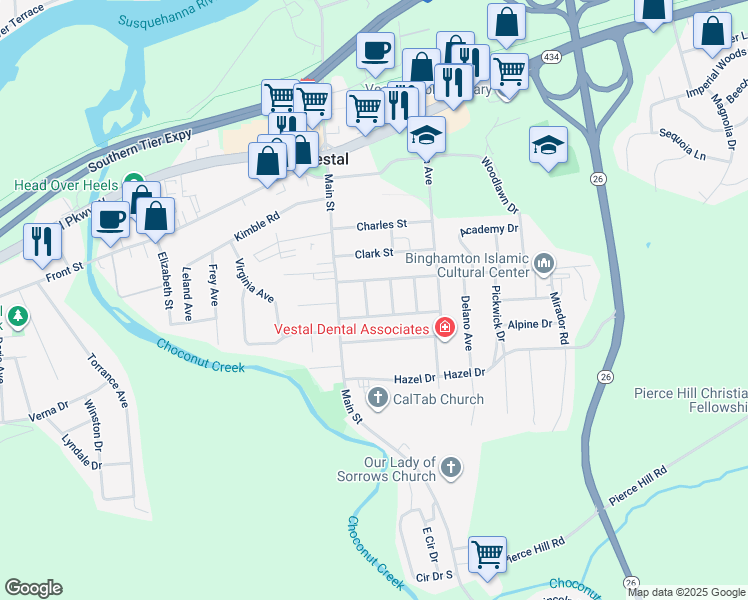 map of restaurants, bars, coffee shops, grocery stores, and more near 405 Colonial Ave in Vestal