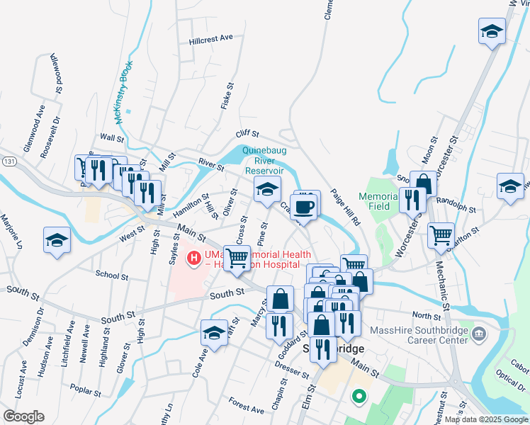 map of restaurants, bars, coffee shops, grocery stores, and more near 12 Pine Street in Southbridge
