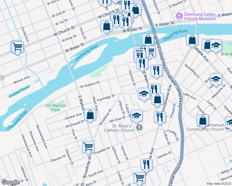 map of restaurants, bars, coffee shops, grocery stores, and more near 308 Partridge Street in Elmira