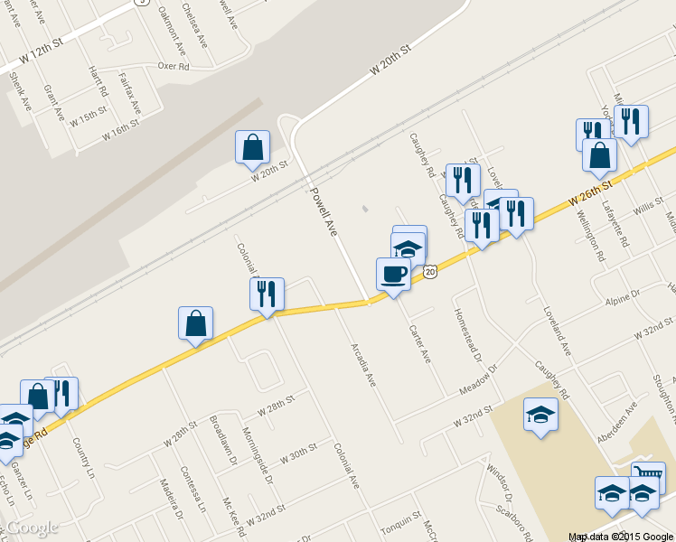 map of restaurants, bars, coffee shops, grocery stores, and more near 2412 Powell Avenue in Erie