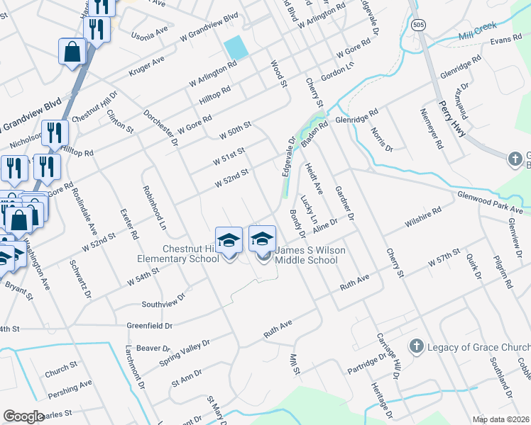 map of restaurants, bars, coffee shops, grocery stores, and more near 5318 Mill St in Erie