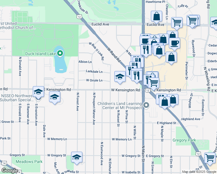 map of restaurants, bars, coffee shops, grocery stores, and more near 400 West Kensington Road in Mount Prospect