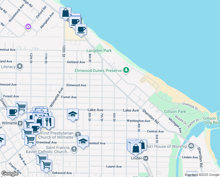 map of restaurants, bars, coffee shops, grocery stores, and more near 611 Elmwood Avenue in Wilmette