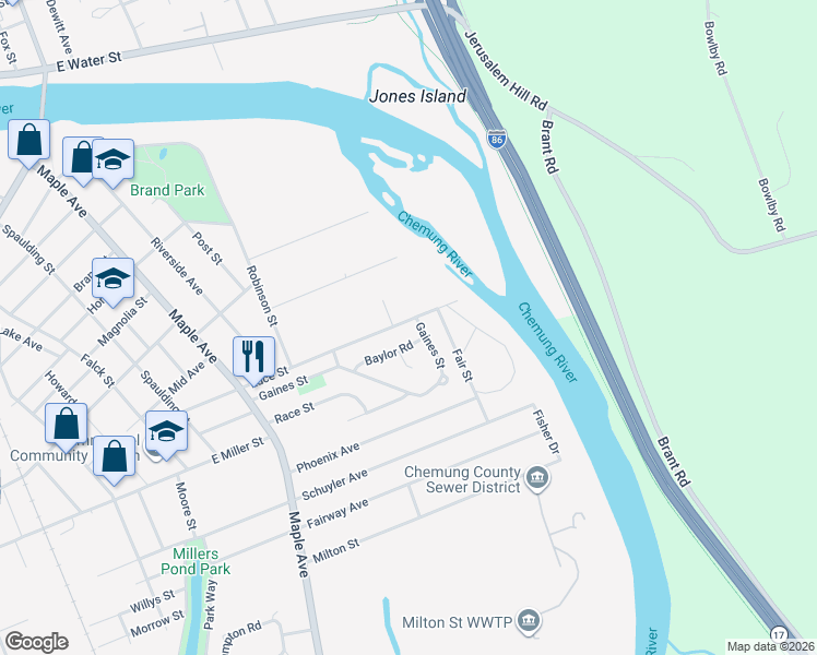 map of restaurants, bars, coffee shops, grocery stores, and more near 534 Luce Street in Elmira