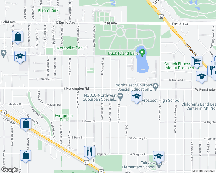 map of restaurants, bars, coffee shops, grocery stores, and more near 22 South Rammer Avenue in Arlington Heights