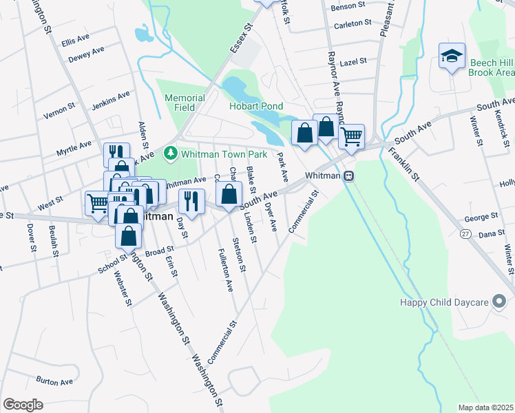 map of restaurants, bars, coffee shops, grocery stores, and more near 227 South Avenue in Whitman