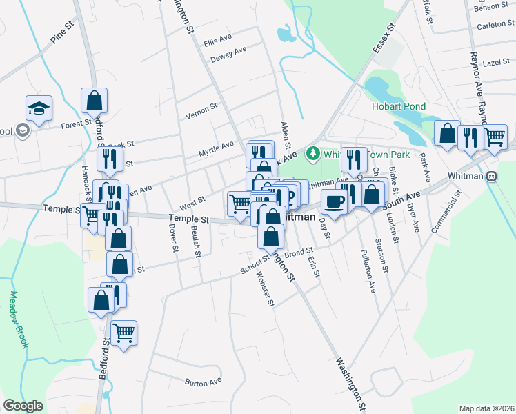 map of restaurants, bars, coffee shops, grocery stores, and more near 584 Washington Street in Whitman