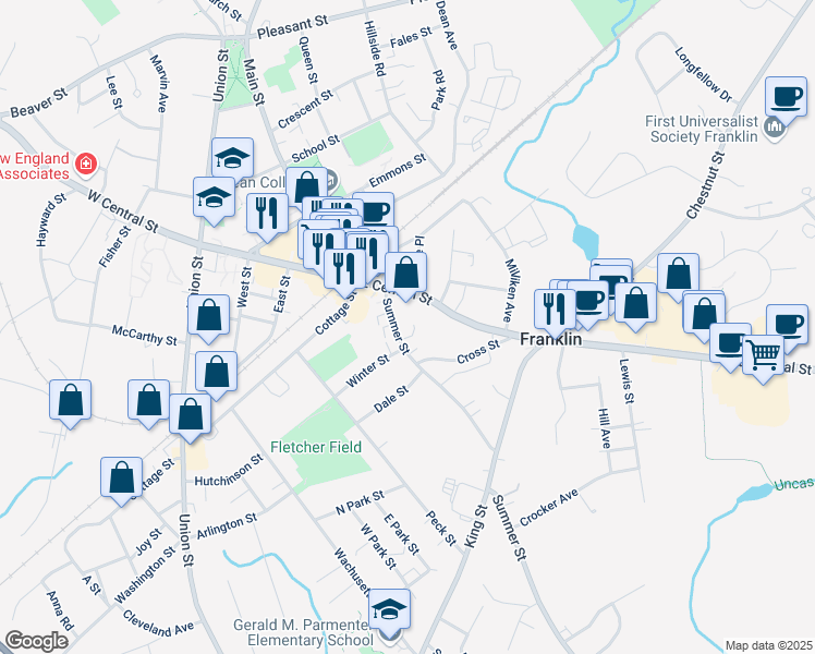 map of restaurants, bars, coffee shops, grocery stores, and more near 31 Summer Street in Franklin