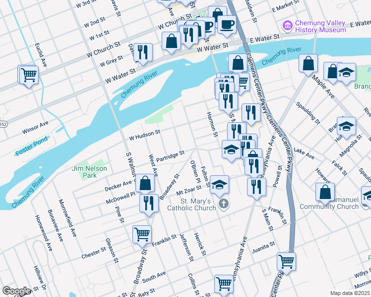 map of restaurants, bars, coffee shops, grocery stores, and more near 308 Partridge Street in Elmira
