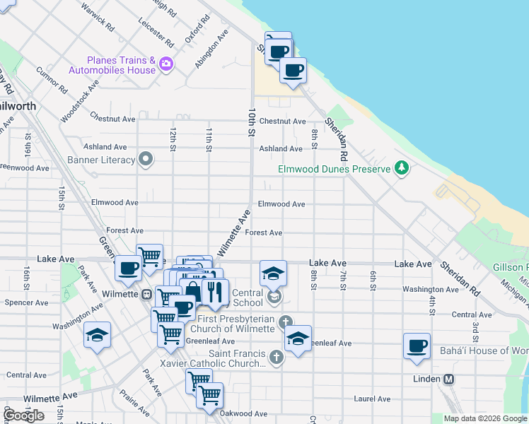 map of restaurants, bars, coffee shops, grocery stores, and more near 919 Elmwood Avenue in Wilmette