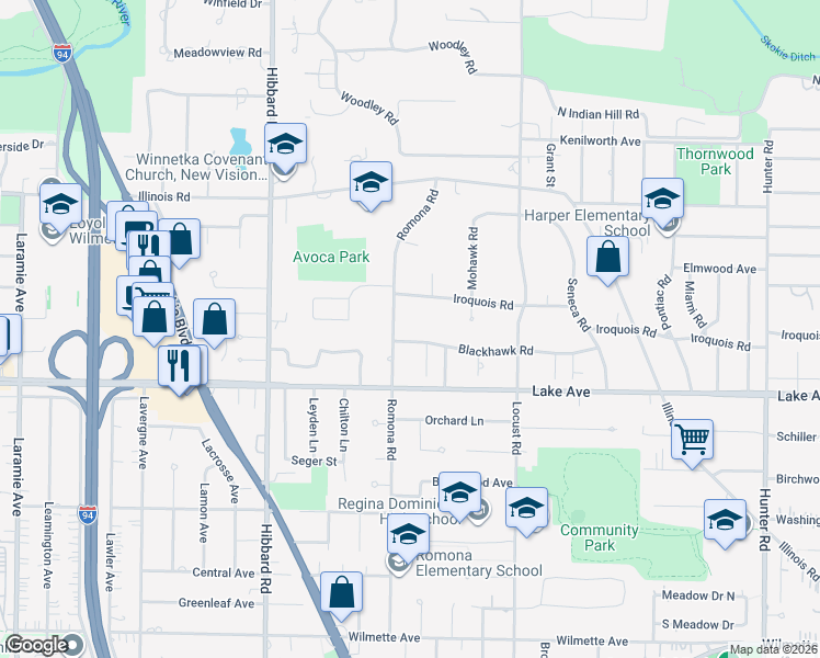 map of restaurants, bars, coffee shops, grocery stores, and more near 2822 Blackhawk Road in Wilmette