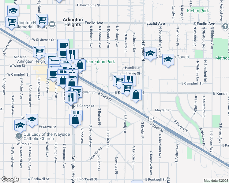 map of restaurants, bars, coffee shops, grocery stores, and more near 605 East Kensington Road in Mount Prospect