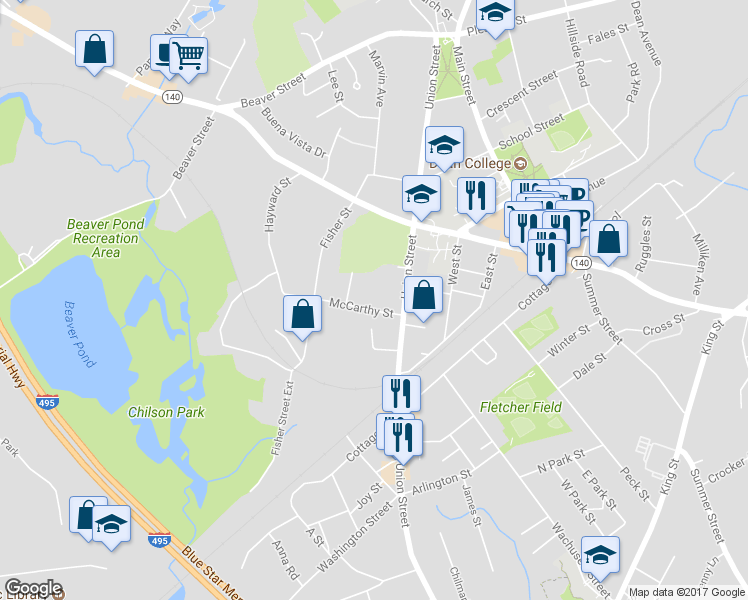 map of restaurants, bars, coffee shops, grocery stores, and more near 19 McCarthy Street in Franklin