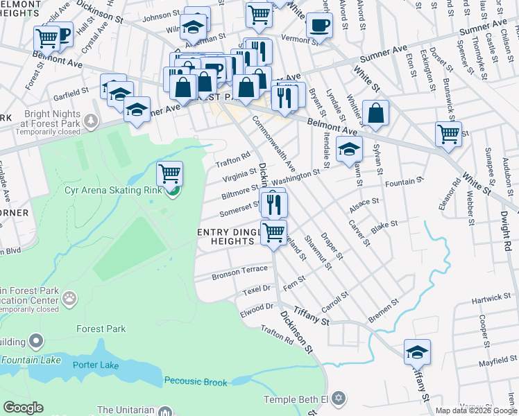 map of restaurants, bars, coffee shops, grocery stores, and more near 9-11 Somerset Street in Springfield