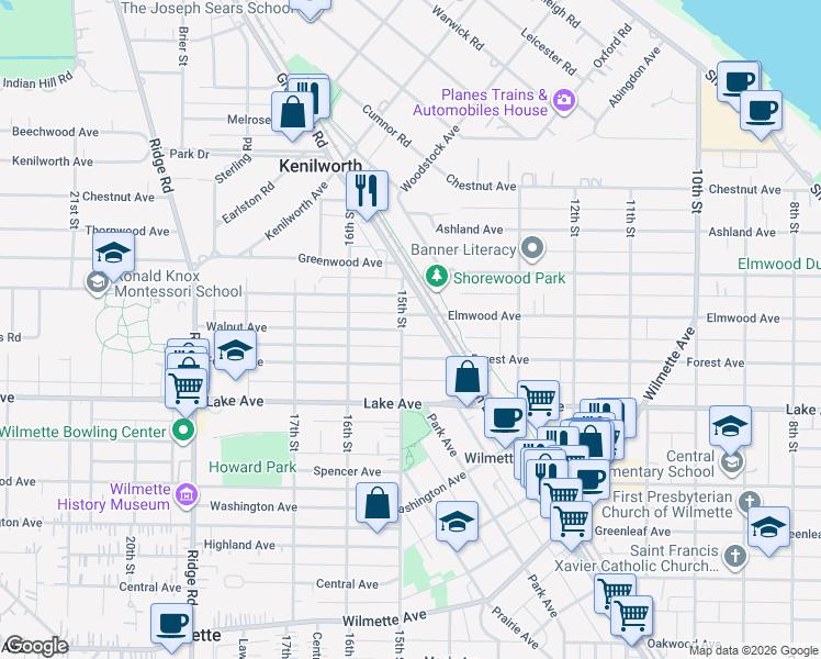 map of restaurants, bars, coffee shops, grocery stores, and more near 920 15th Street in Wilmette