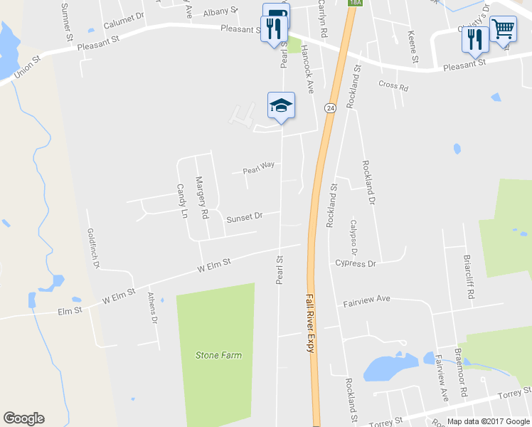 map of restaurants, bars, coffee shops, grocery stores, and more near 18 Sunset Drive in Brockton