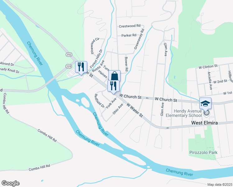 map of restaurants, bars, coffee shops, grocery stores, and more near West Water Street & West Church Street in Elmira