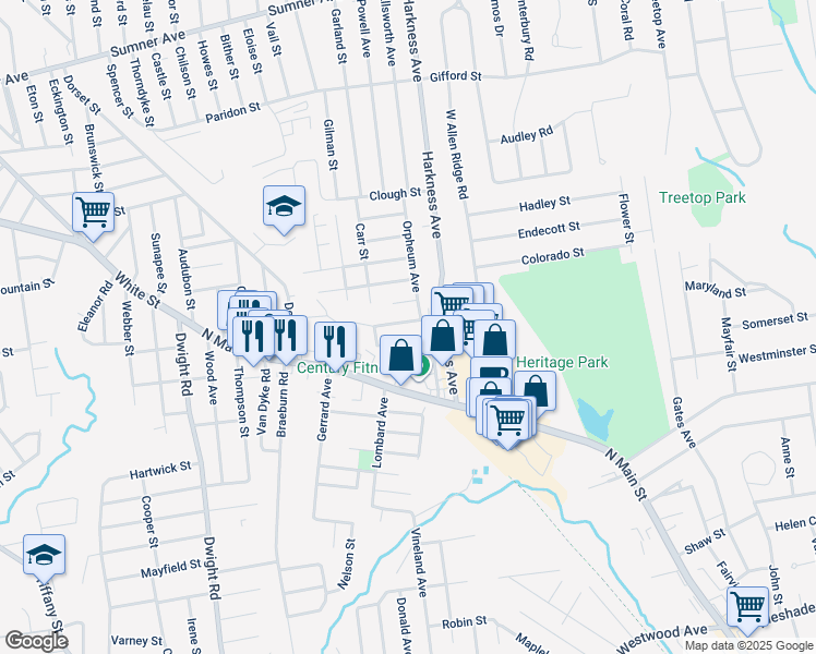 map of restaurants, bars, coffee shops, grocery stores, and more near 16 Hazelhurst Avenue in East Longmeadow