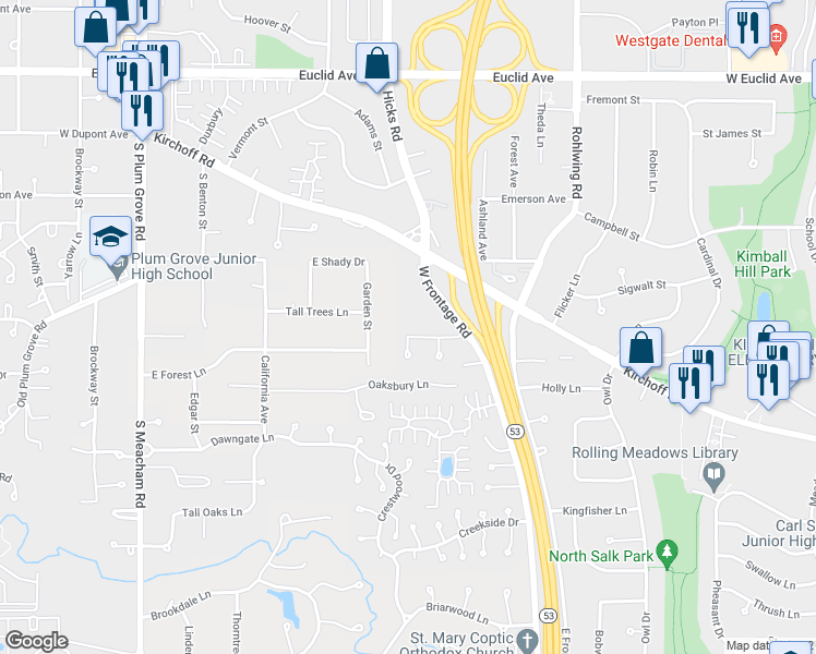 map of restaurants, bars, coffee shops, grocery stores, and more near 4114 Jody Court in Rolling Meadows