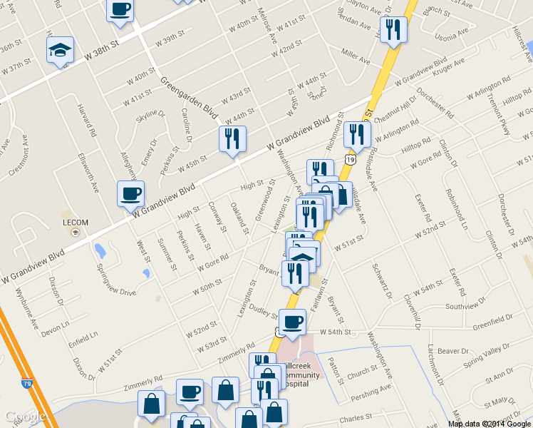 map of restaurants, bars, coffee shops, grocery stores, and more near 4817 Greenwood Street in Erie