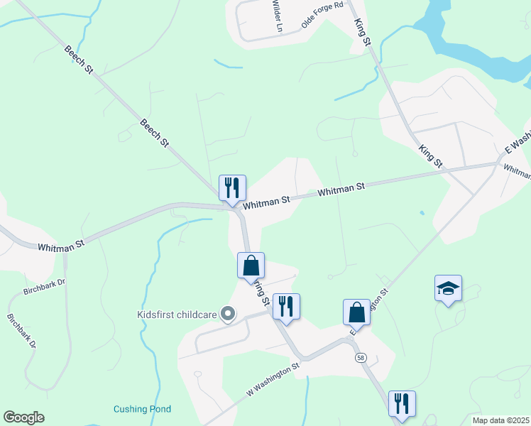map of restaurants, bars, coffee shops, grocery stores, and more near 248 Spring Street in Hanson