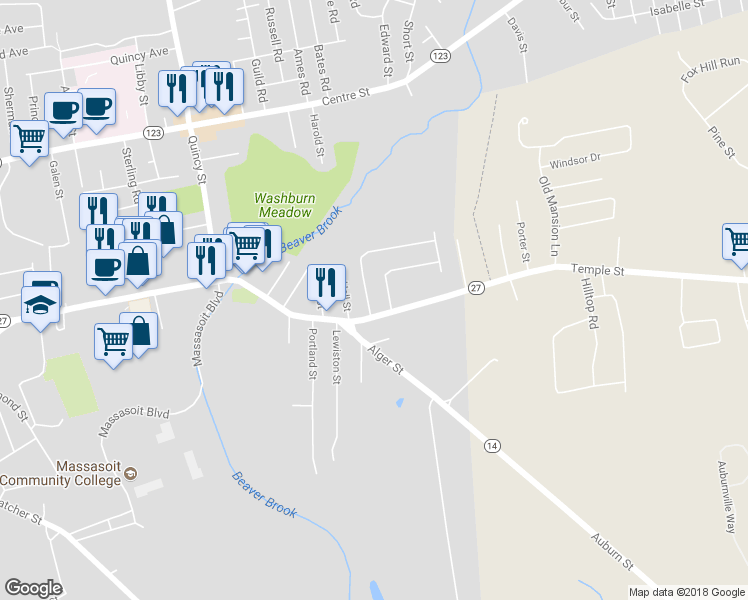 map of restaurants, bars, coffee shops, grocery stores, and more near 13 Crestfield Drive in Brockton