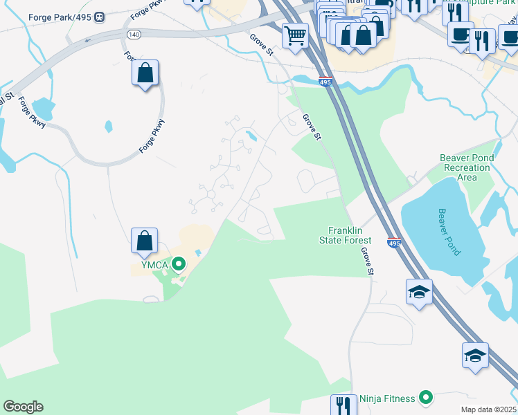 map of restaurants, bars, coffee shops, grocery stores, and more near 6 Danforth Way in Franklin