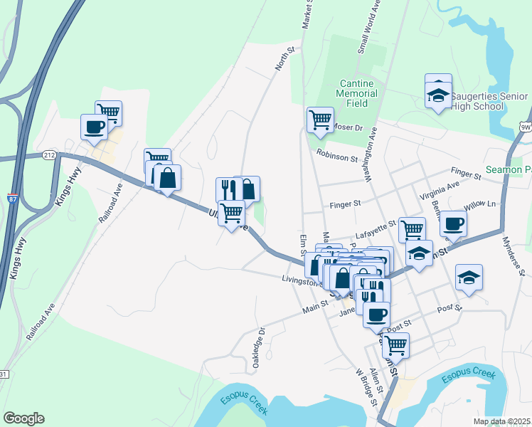 map of restaurants, bars, coffee shops, grocery stores, and more near High Street in Saugerties