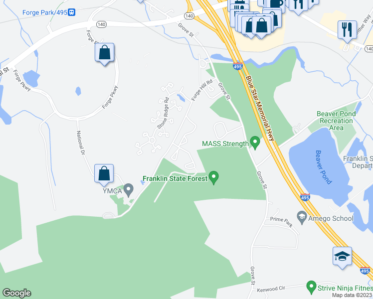 map of restaurants, bars, coffee shops, grocery stores, and more near 6 Danforth Way in Franklin