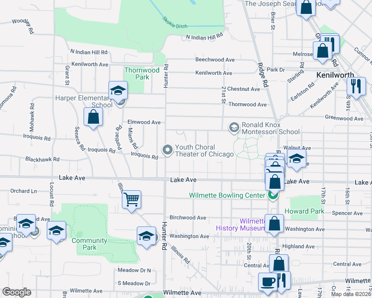 map of restaurants, bars, coffee shops, grocery stores, and more near 2210 Iroquois Rd in Wilmette