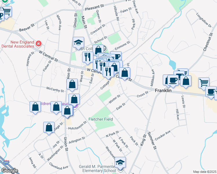 map of restaurants, bars, coffee shops, grocery stores, and more near 32 Cottage Street in Franklin