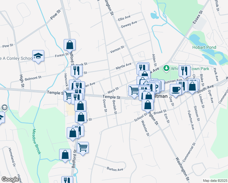map of restaurants, bars, coffee shops, grocery stores, and more near 129 Beulah Street in Whitman